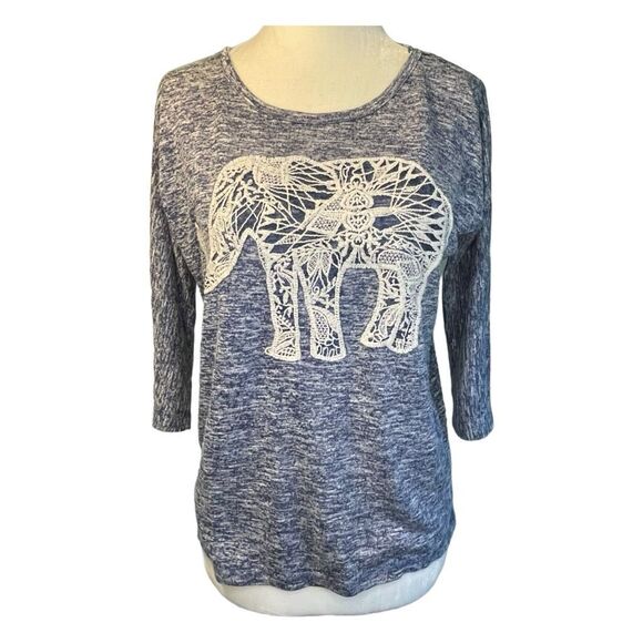 Aeropostale Embroidered Elephant Top Heather Blue Knit Crewneck 3/4 Sleeve M - Picture 1 of 8
